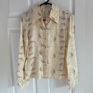 Jones New York 100 Silk Vintage Style Cream Brown Patterned Button Down Blouse